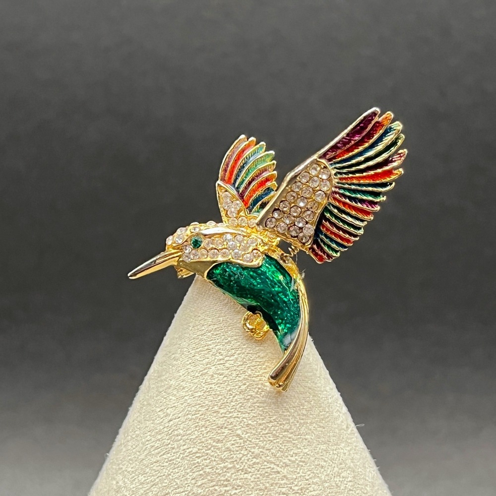 Rhinestone Brooch‎ Hummingbird Trembler Gold Tone Enamel Bird Pin